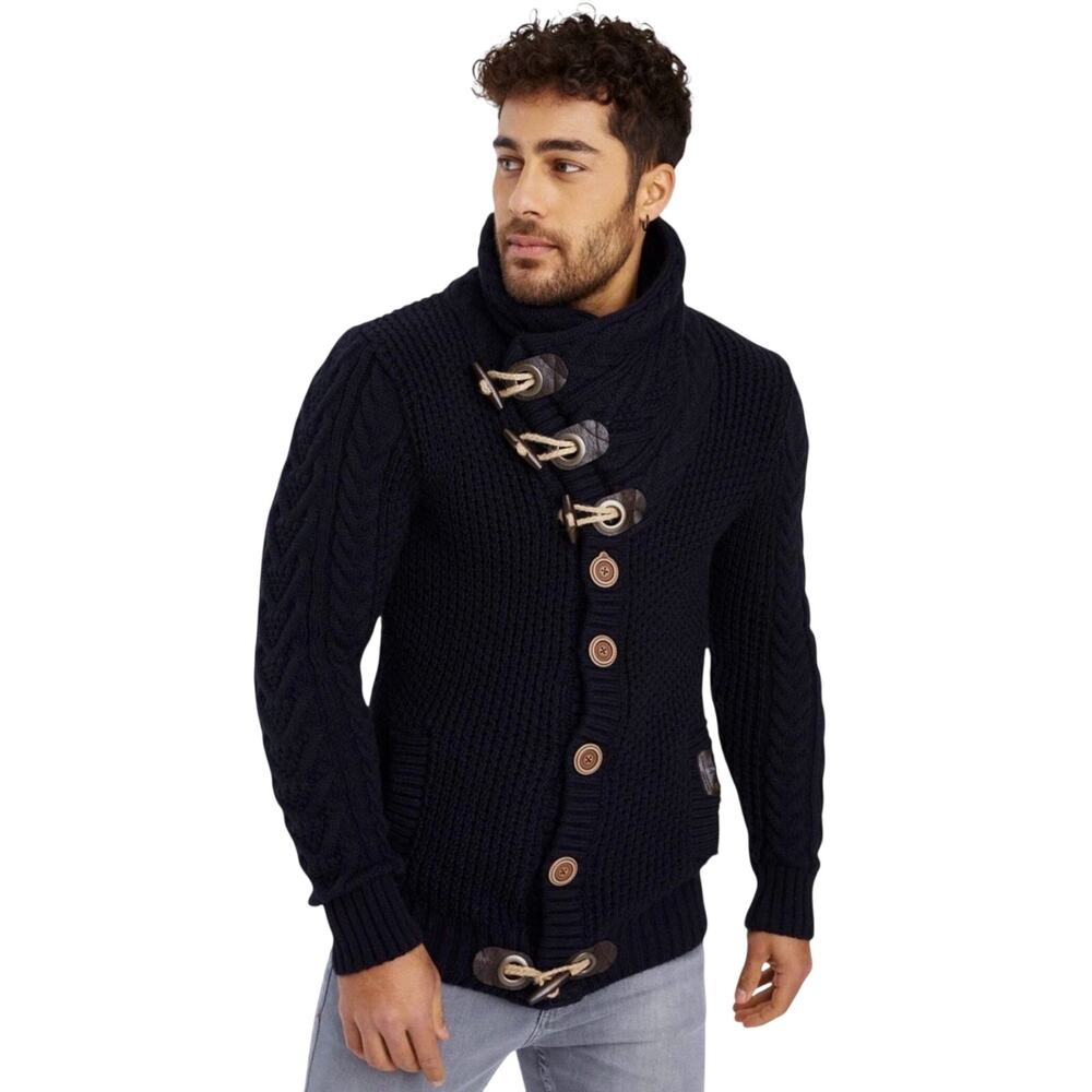 Leif Nelson Men's Large Black Cardigan Cable Knit Chunky Sweater Toggle Button